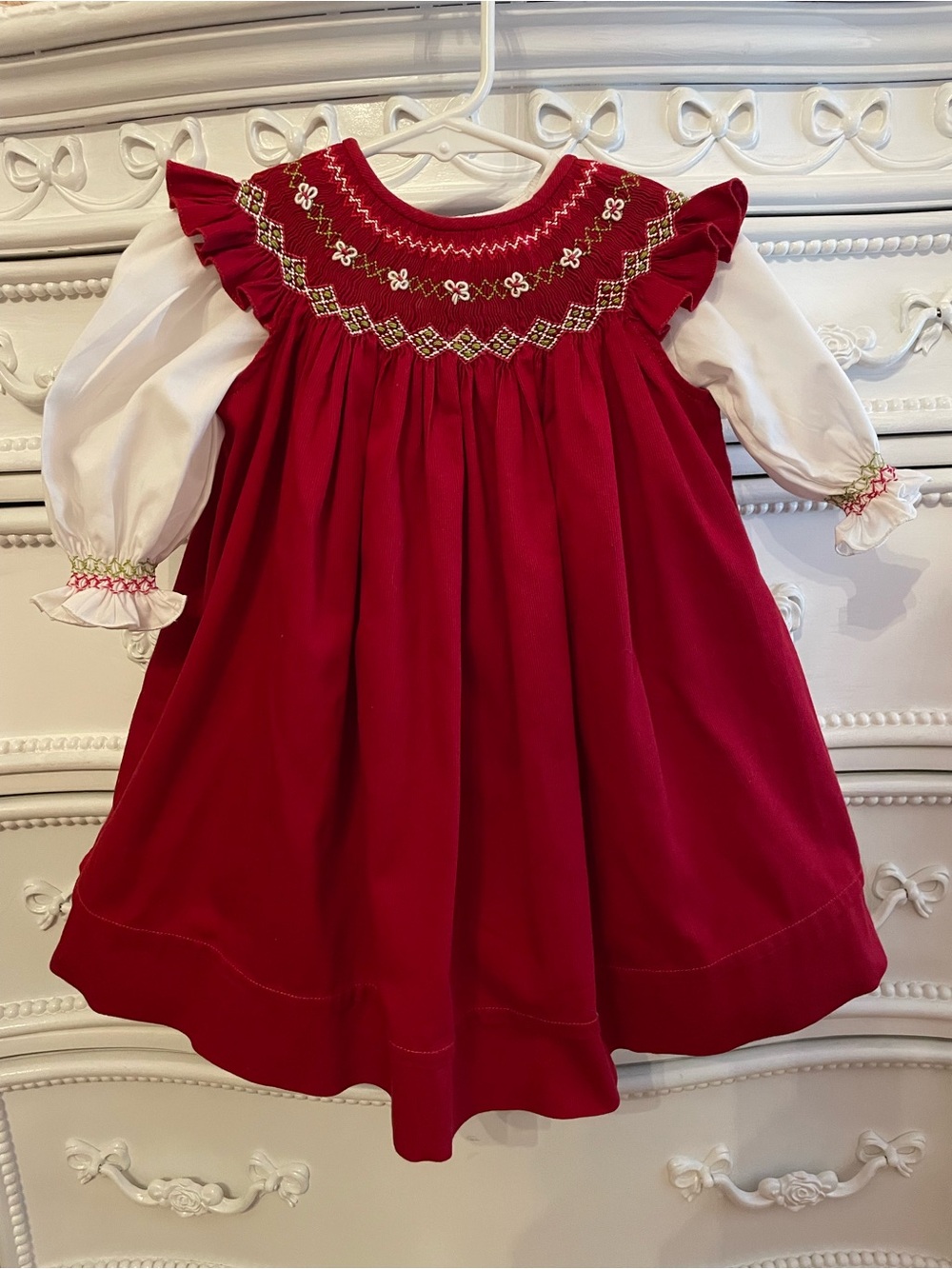 2pc Willbeth Red Smocked Bishop Dress Girls 12 months luxury designer - Picture 2 of 8